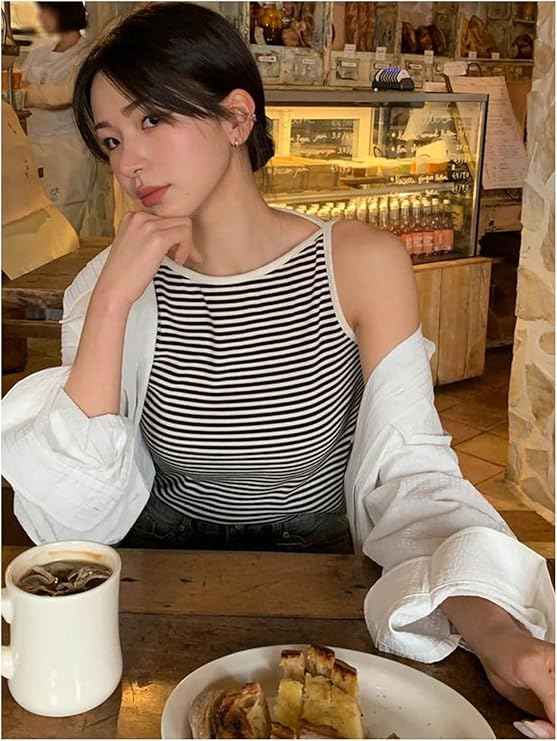 Summer Spring Striped Tank Tops Women Sleeveless Knitted T-Shirts Crop.