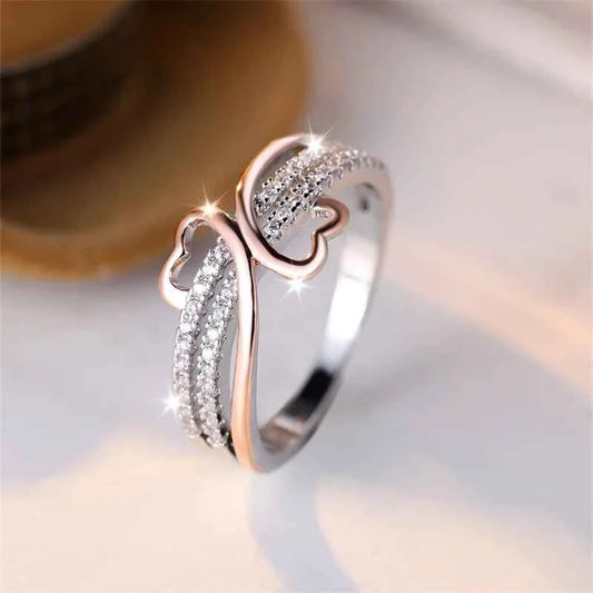 Two-Tone Rose Gold & Silver Double Heart Ring – Infinity Wedding Band with White Zircon for Women, Bridal & Engagement Jewelry - LUCKY COLLECTION