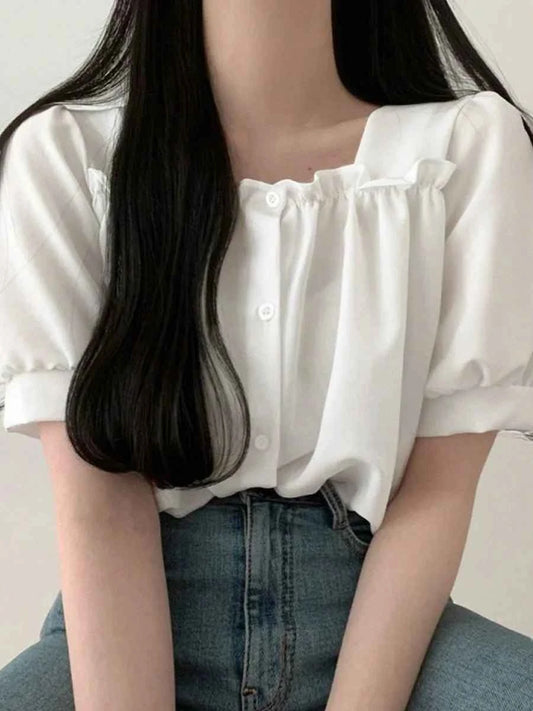 Chic Summer Gentle Wind Square Collar Lace Trim Loose Fit Short Sleeve Women's Shirt