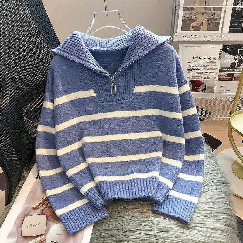 Zipper Striped Pullover Sweater – Sleek & Modern