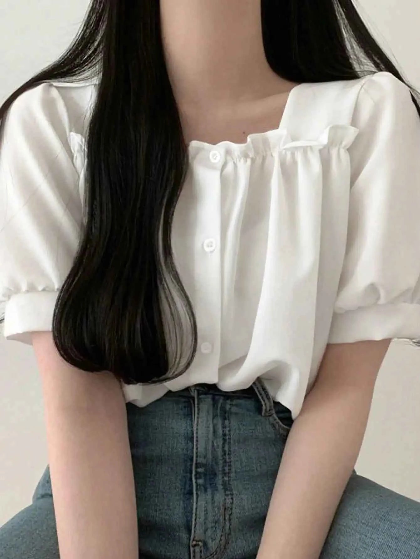 Chic Summer Gentle Wind Square Collar Lace Trim Loose Fit Short Sleeve Women's Shirt