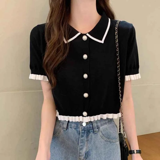 Sweet Korean Knitted Crop Blouse – Chic Summer Retro Style.