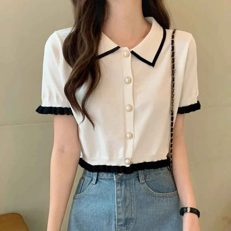 Sweet Korean Knitted Crop Blouse – Chic Summer Retro Style.