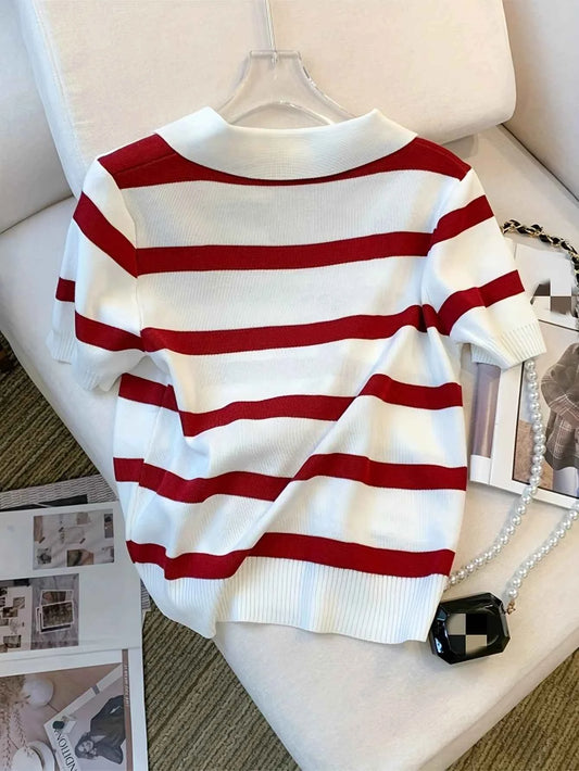 Striped Collared Crop Sweater – Playful & Trendy