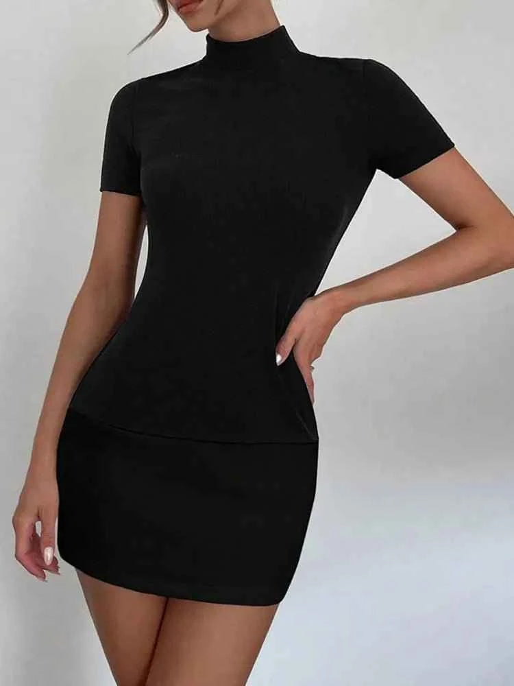 Tossy Summer Female Contrast Mini Dress Casual High Waist Short Sleeve.