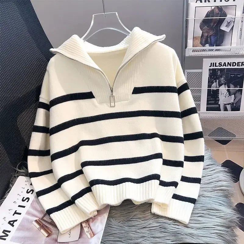 Zipper Striped Pullover Sweater – Sleek & Modern - LUCKY COLLECTION