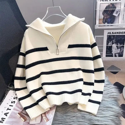 Zipper Striped Pullover Sweater – Sleek & Modern - LUCKY COLLECTION