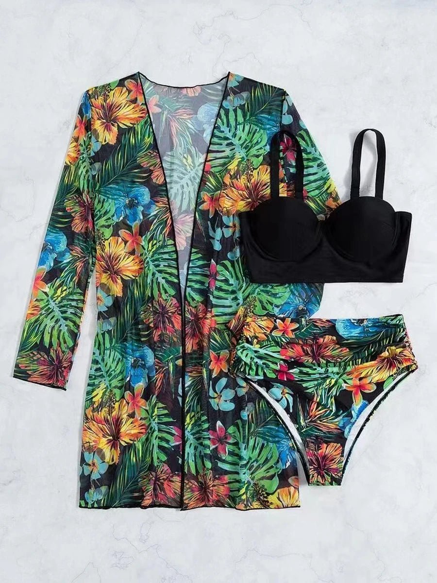 Sexy 3 Piece Bikini Set 2023 Women Cover Up Swimwear Female Tropical Printed Swimsuit. - LUCKY COLLECTION