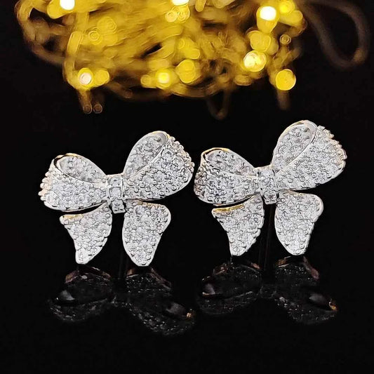 Romantic Bowknot Women Stud Earrings Full Paved Shiny Crystal Zircon Delicate Girl Accessories.