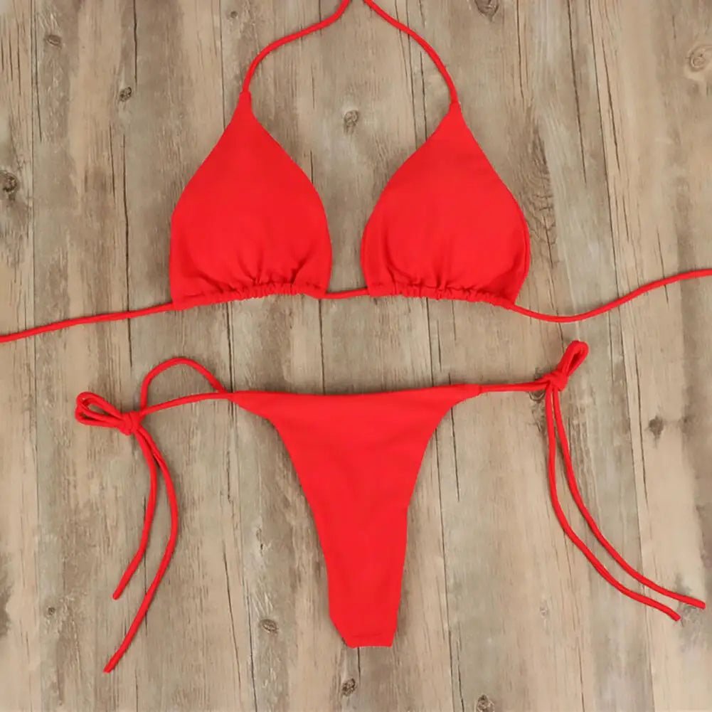 2 Pcs/Set Women Swimsuit 2024 Bikini Set Solid Color Halter Neck Strap Thong Women Swimsuit Set for Beach - LUCKY COLLECTION