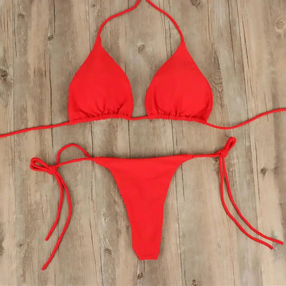 2 Pcs/Set Women Swimsuit 2024 Bikini Set Solid Color Halter Neck Strap Thong Women Swimsuit Set for Beach - LUCKY COLLECTION
