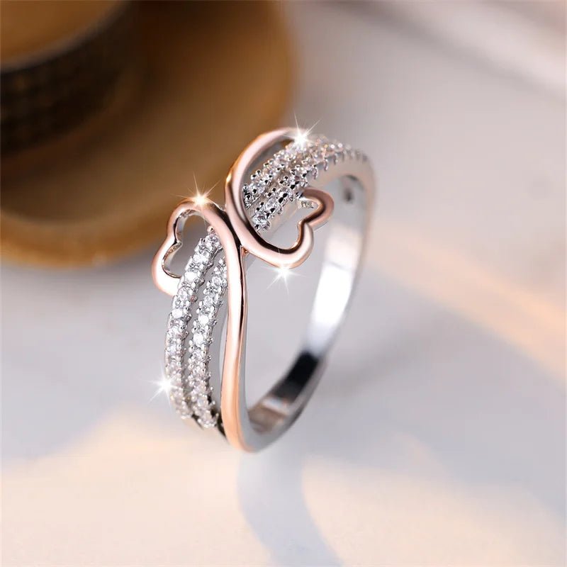Two - Tone Rose Gold & Silver Double Heart Ring – Infinity Wedding Band with White Zircon for Women, Bridal & Engagement Jewelry - LUCKY COLLECTION
