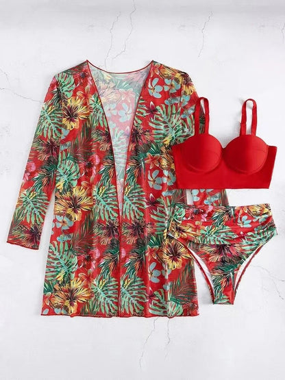 Sexy 3 Piece Bikini Set 2023 Women Cover Up Swimwear Female Tropical Printed Swimsuit. - LUCKY COLLECTION