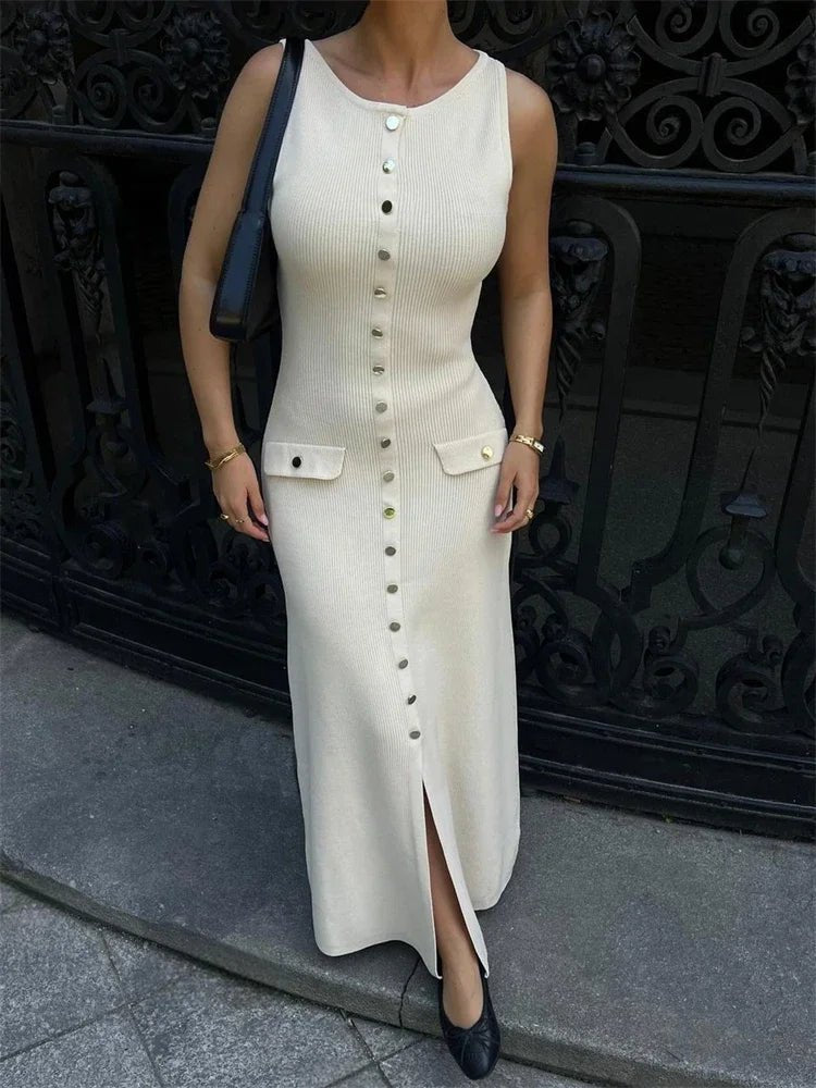 Stylish Knit Ribbed Cardigan Maxi Dress – Elegant Long Dress with Pockets - LUCKY COLLECTION