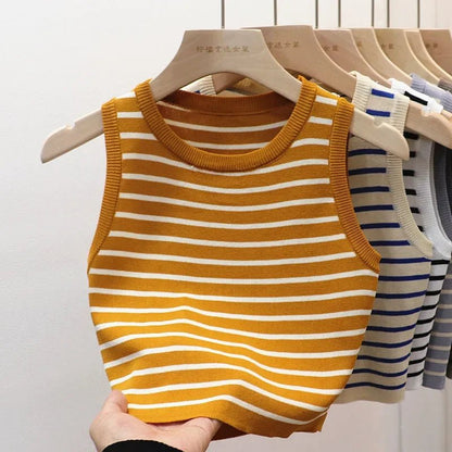 Summer Spring Striped Tank Tops Women Sleeveless Knitted T-Shirts Crop. - LUCKY COLLECTION