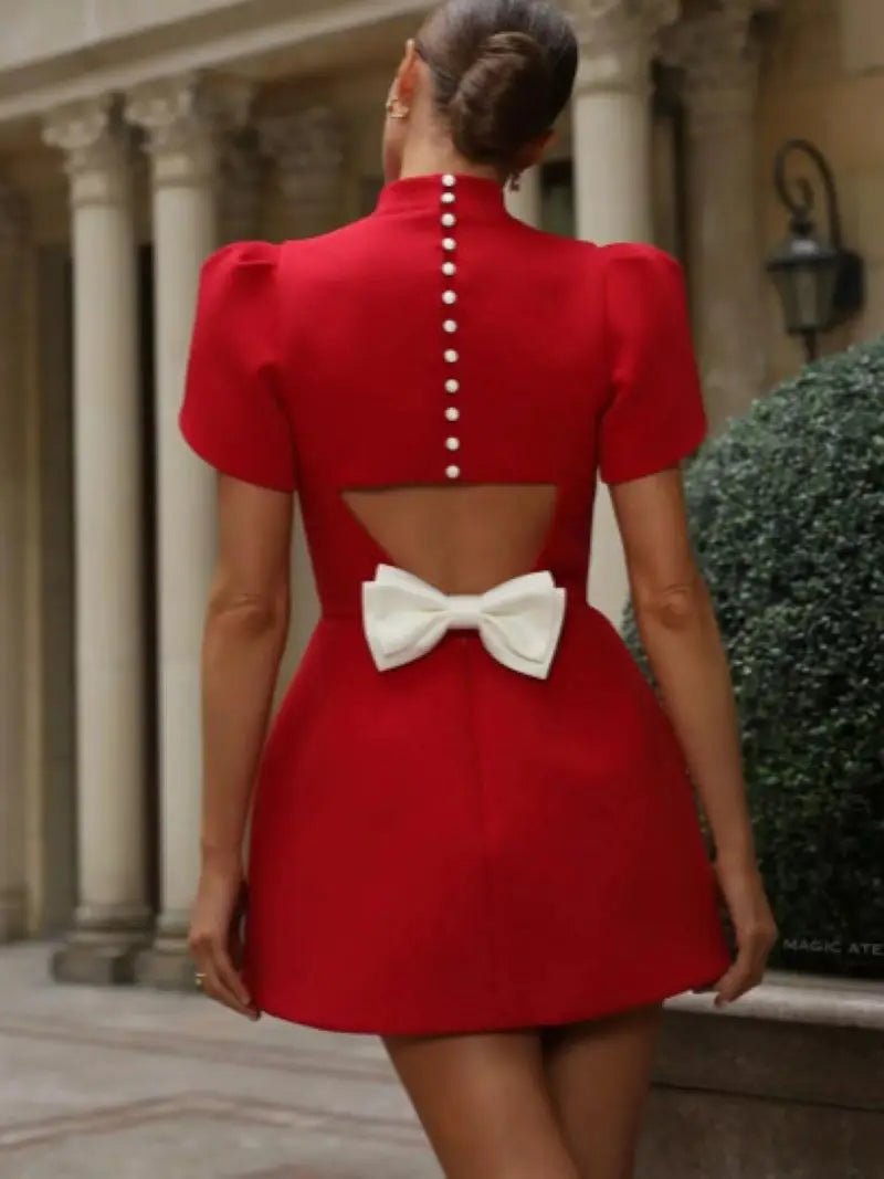 Chic Bow Hollow Out Mini Dress – Luxury Short Dress for Birthdays & Evenings - LUCKY COLLECTION