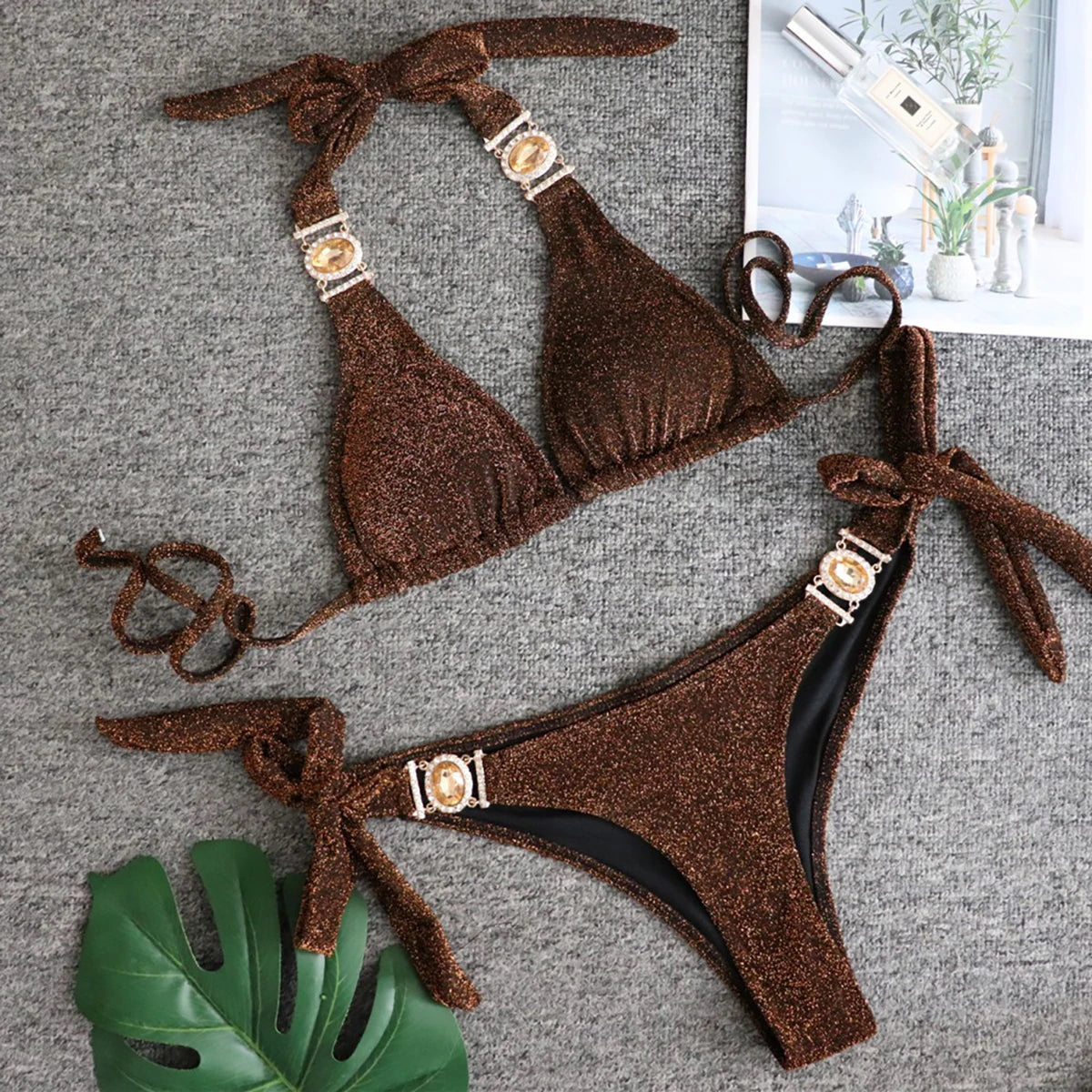 Luxury Shiny Bikini Set 2025 Sexy Push Up Swimsuit - Crystal Accents & Brazilian Low Rise with Padded Support