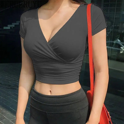 New Summer Black Sexy V - neck T-shirt Short Sleeve Y2k Crop Top Women Clothes. - LUCKY COLLECTION