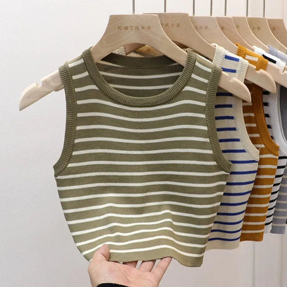 Summer Spring Striped Tank Tops Women Sleeveless Knitted T-Shirts Crop. - LUCKY COLLECTION