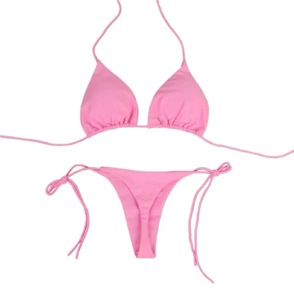 2 Pcs/Set Women Swimsuit 2024 Bikini Set Solid Color Halter Neck Strap Thong Women Swimsuit Set for Beach - LUCKY COLLECTION