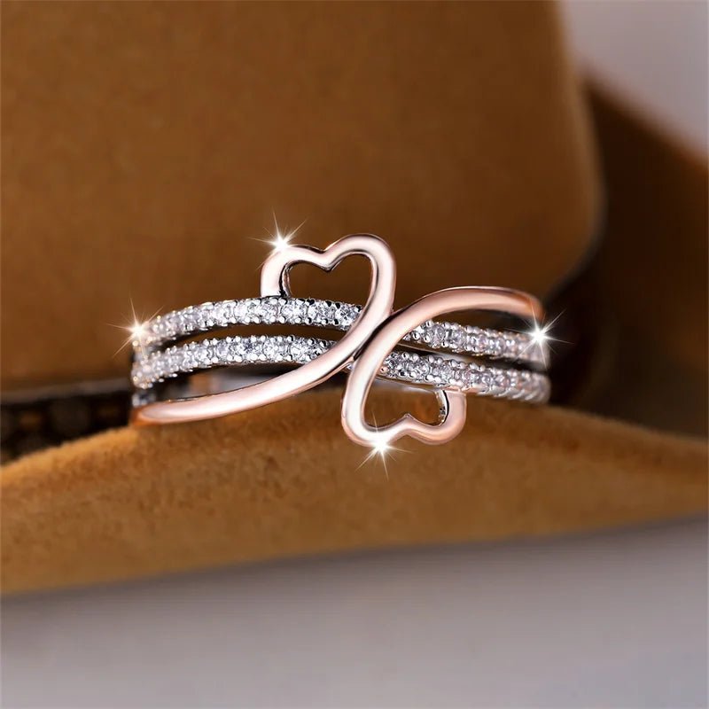 Two - Tone Rose Gold & Silver Double Heart Ring – Infinity Wedding Band with White Zircon for Women, Bridal & Engagement Jewelry - LUCKY COLLECTION