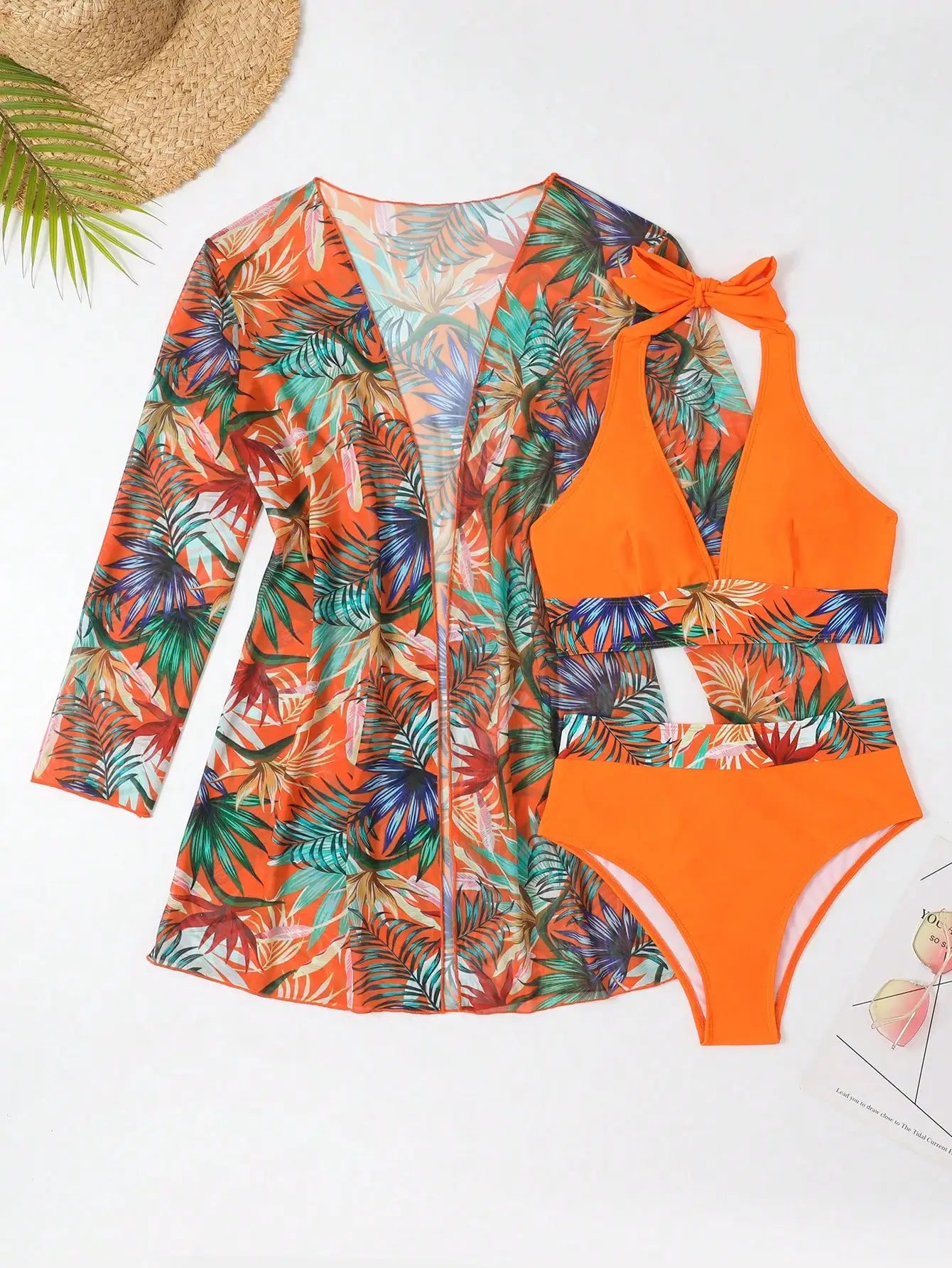 Halter Print Bikini 2025 Women Swimsuit With Kimono High Waist Swimwear Female.