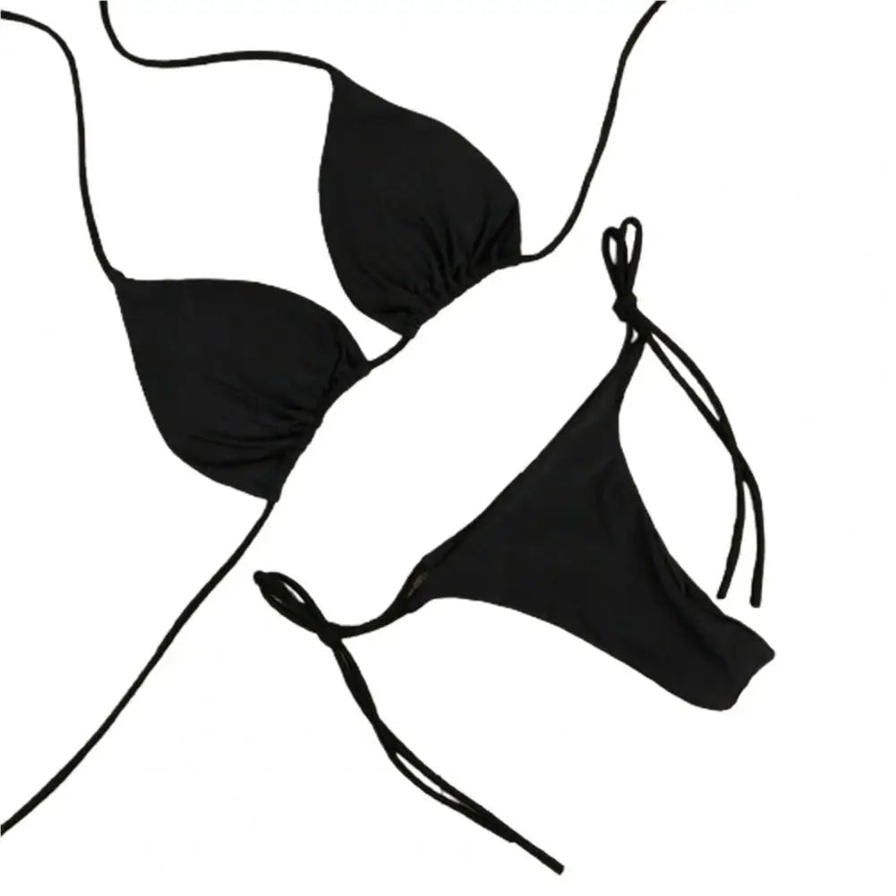 2 Pcs/Set Women Swimsuit 2024 Bikini Set Solid Color Halter Neck Strap Thong Women Swimsuit Set for Beach - LUCKY COLLECTION