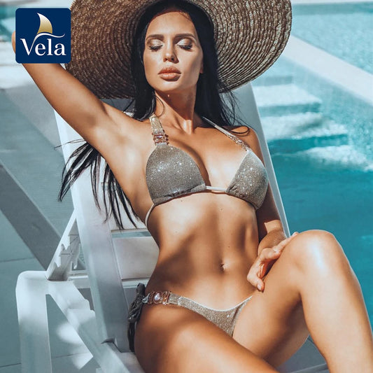 Luxury Shiny Bikini Set 2025 Sexy Push Up Swimsuit - Crystal Accents & Brazilian Low Rise with Padded Support