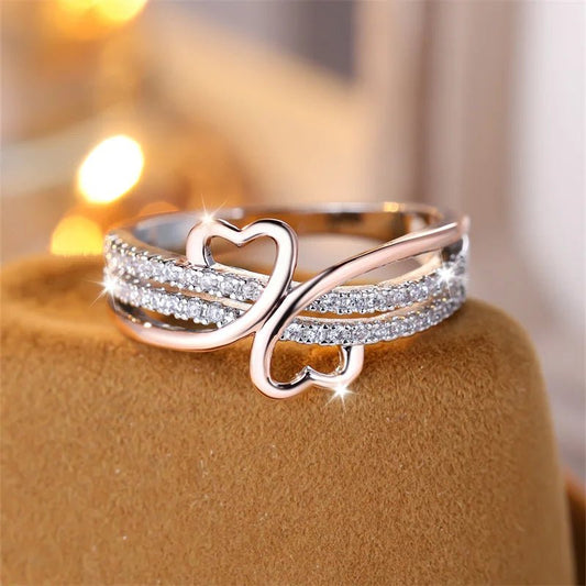 Two - Tone Rose Gold & Silver Double Heart Ring – Infinity Wedding Band with White Zircon for Women, Bridal & Engagement Jewelry - LUCKY COLLECTION