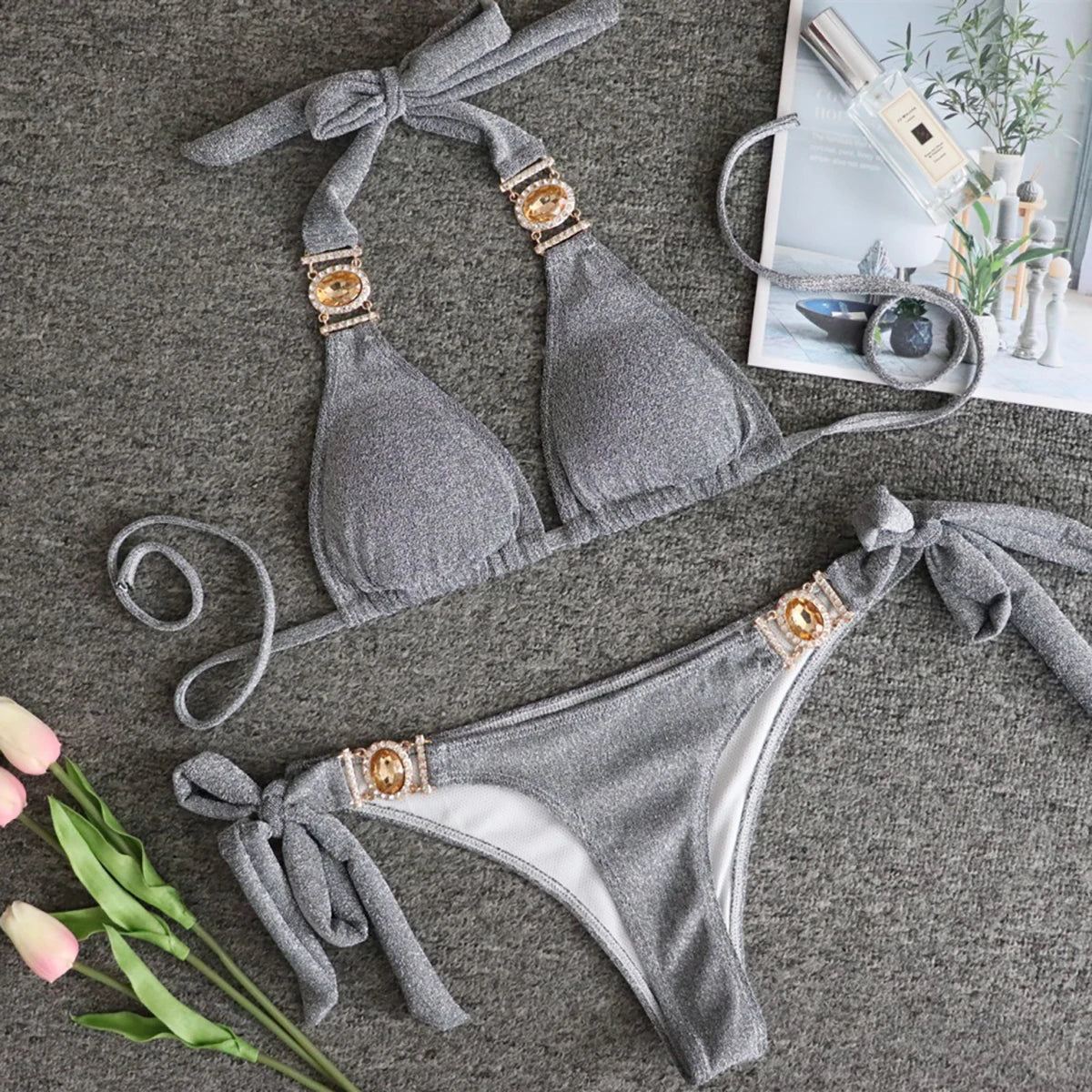 Luxury Shiny Bikini Set 2025 Sexy Push Up Swimsuit - Crystal Accents & Brazilian Low Rise with Padded Support