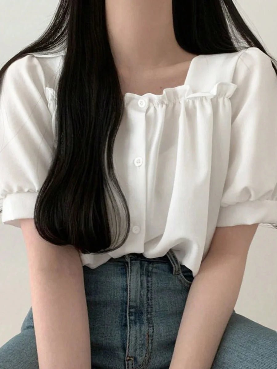 Chic Summer Gentle Wind Square Collar Lace Trim Loose Fit Short Sleeve Women's Shirt - LUCKY COLLECTION