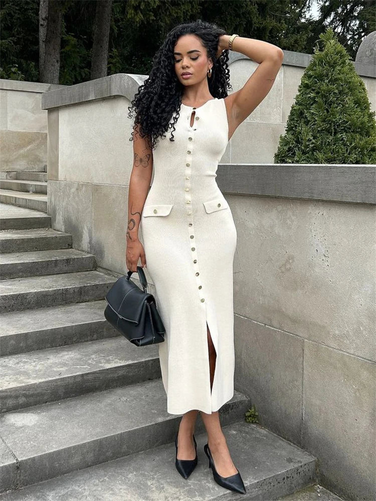 Stylish Knit Ribbed Cardigan Maxi Dress – Elegant Long Dress with Pockets - LUCKY COLLECTION