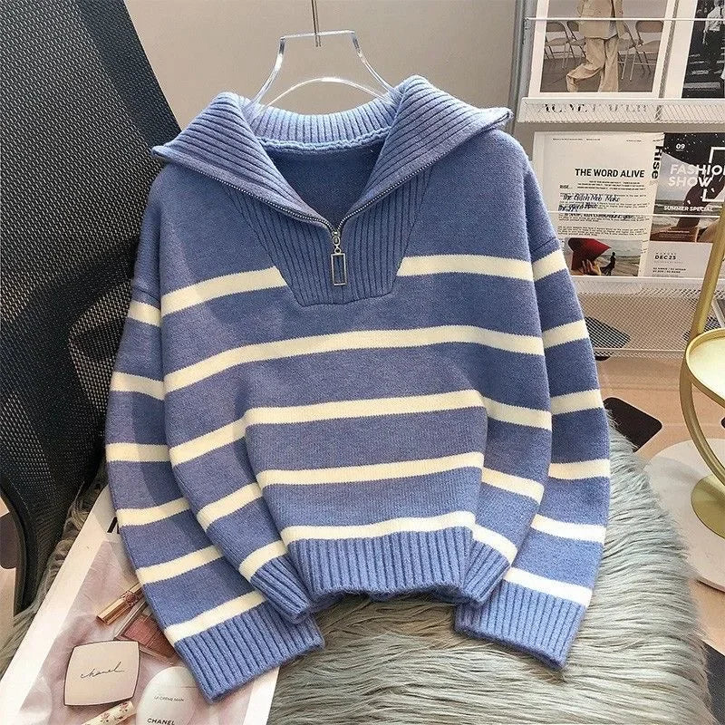 Zipper Striped Pullover Sweater – Sleek & Modern - LUCKY COLLECTION