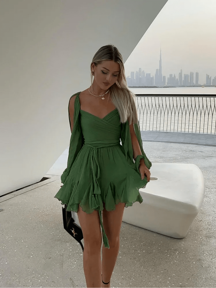 Breezy Chiffon Lace - Up Mini Dress – High - Waist Hollow Out Beach Beauty - LUCKY COLLECTION