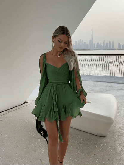 Breezy Chiffon Lace - Up Mini Dress – High - Waist Hollow Out Beach Beauty - LUCKY COLLECTION