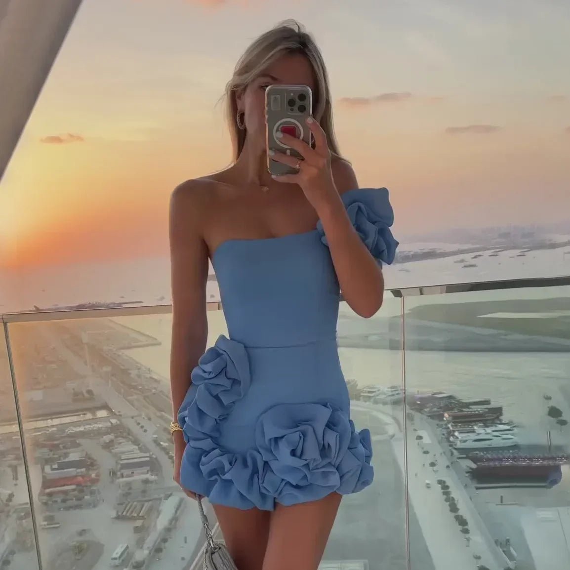 Luxury 3D Flower One - Shoulder Mini Dress – Statement Cocktail & Evening Wear - LUCKY COLLECTION
