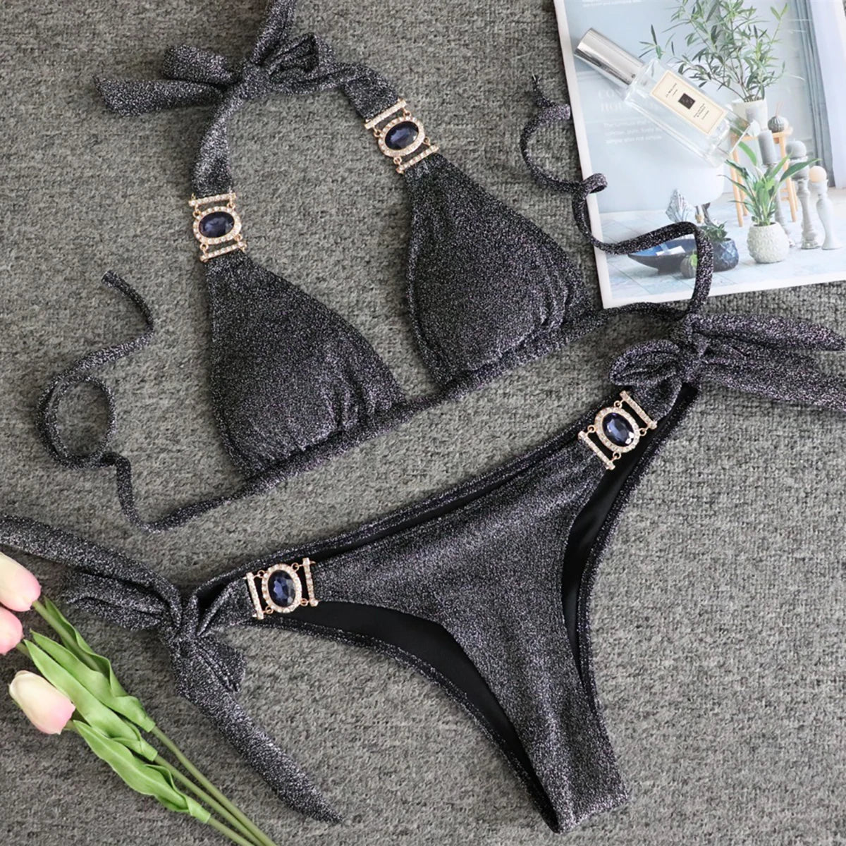 Luxury Shiny Bikini Set 2025 Sexy Push Up Swimsuit - Crystal Accents & Brazilian Low Rise with Padded Support