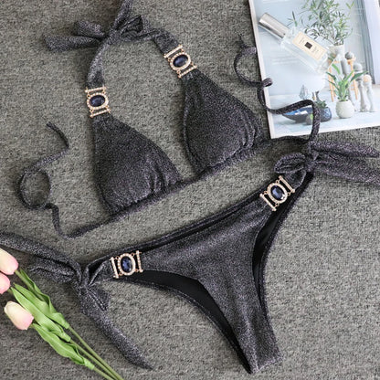 Luxury Shiny Bikini Set 2025 Sexy Push Up Swimsuit - Crystal Accents & Brazilian Low Rise with Padded Support