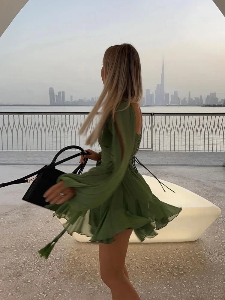 Breezy Chiffon Lace - Up Mini Dress – High - Waist Hollow Out Beach Beauty - LUCKY COLLECTION