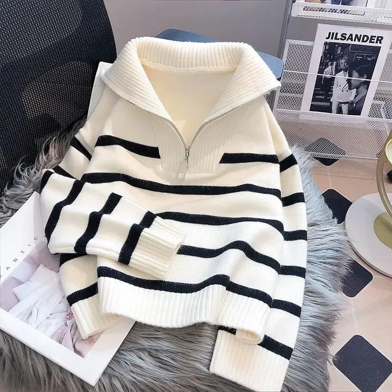 Zipper Striped Pullover Sweater – Sleek & Modern - LUCKY COLLECTION