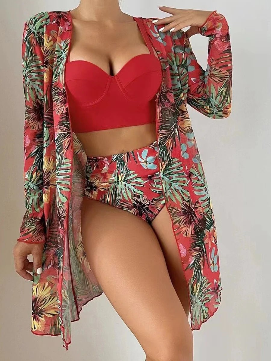 Sexy 3 Piece Bikini Set 2023 Women Cover Up Swimwear Female Tropical Printed Swimsuit. - LUCKY COLLECTION