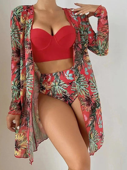 Sexy 3 Piece Bikini Set 2023 Women Cover Up Swimwear Female Tropical Printed Swimsuit. - LUCKY COLLECTION
