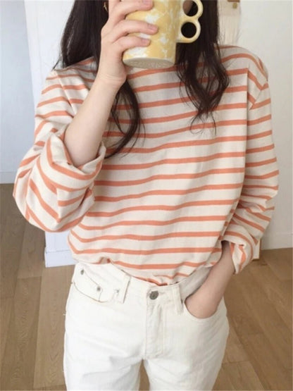Seoulish Autumn Cotton Classic Striped Women's T-Shirt – 2025 New Collection - LUCKY COLLECTION