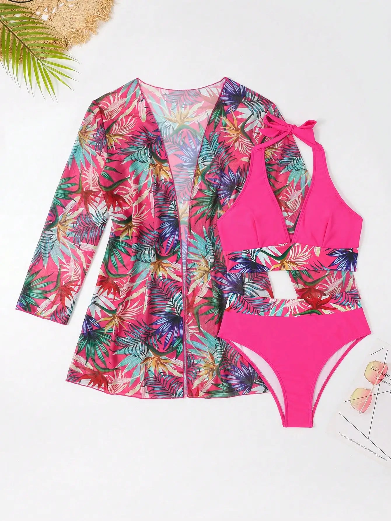 Halter Print Bikini 2025 Women Swimsuit With Kimono High Waist Swimwear Female.