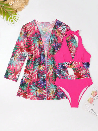 Halter Print Bikini 2025 Women Swimsuit With Kimono High Waist Swimwear Female.