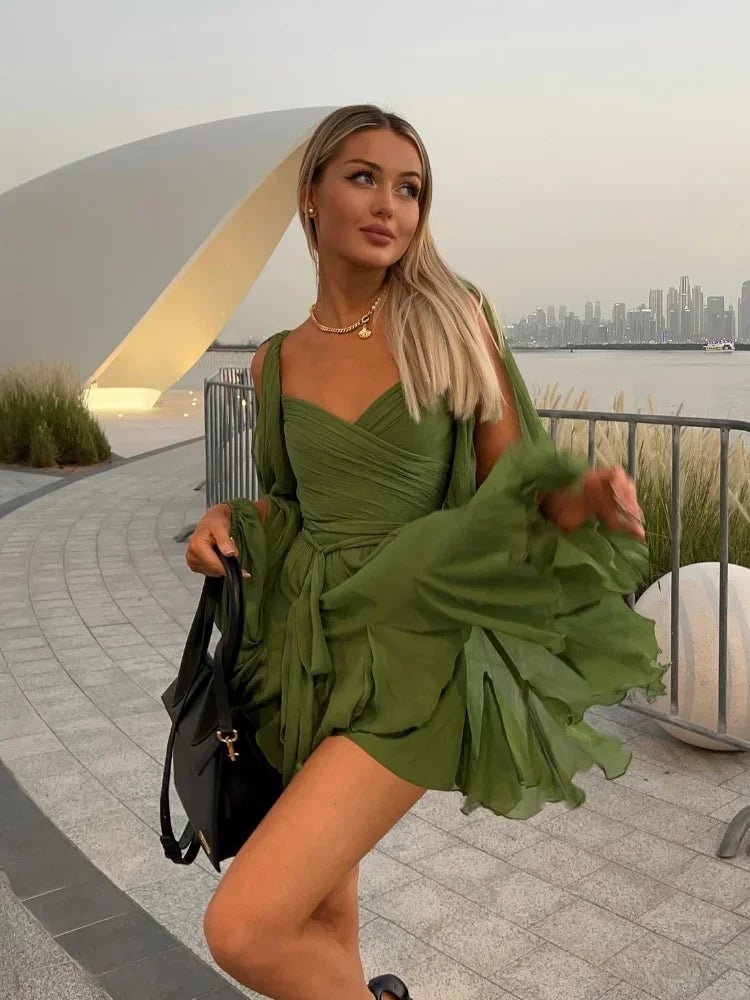 Breezy Chiffon Lace - Up Mini Dress – High - Waist Hollow Out Beach Beauty - LUCKY COLLECTION