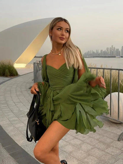 Breezy Chiffon Lace - Up Mini Dress – High - Waist Hollow Out Beach Beauty - LUCKY COLLECTION