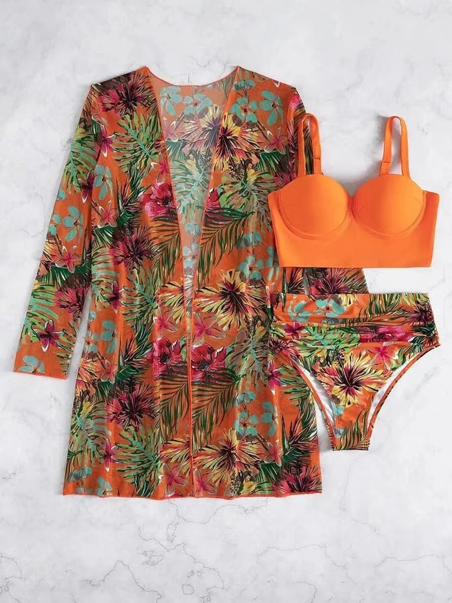 Sexy 3 Piece Bikini Set 2023 Women Cover Up Swimwear Female Tropical Printed Swimsuit. - LUCKY COLLECTION