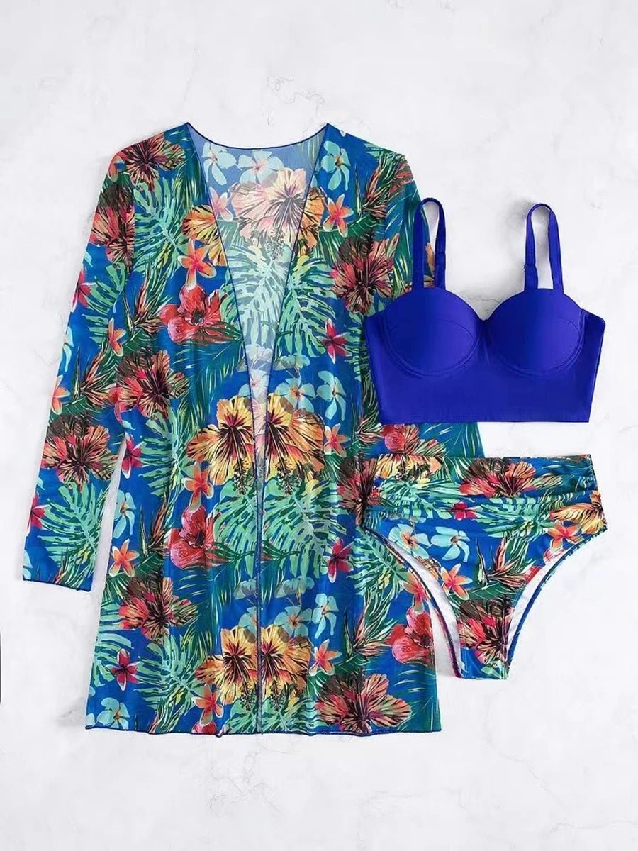 Sexy 3 Piece Bikini Set 2023 Women Cover Up Swimwear Female Tropical Printed Swimsuit. - LUCKY COLLECTION