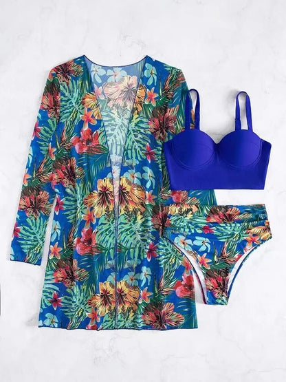 Sexy 3 Piece Bikini Set 2023 Women Cover Up Swimwear Female Tropical Printed Swimsuit. - LUCKY COLLECTION